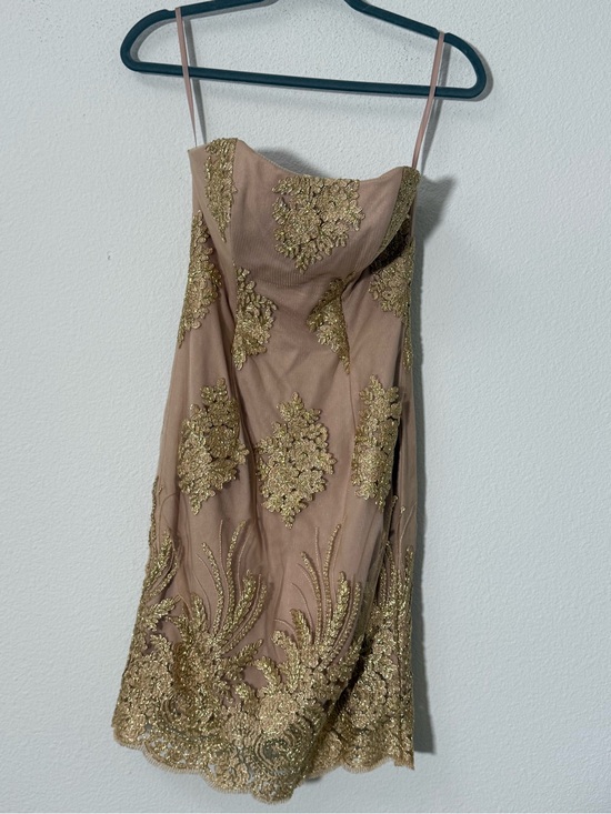 Camille La Vie Dresses & Skirts - Camille La Vie Gold Lace Embroidered Strapless Cocktail Dress Size 2 Nude Mini